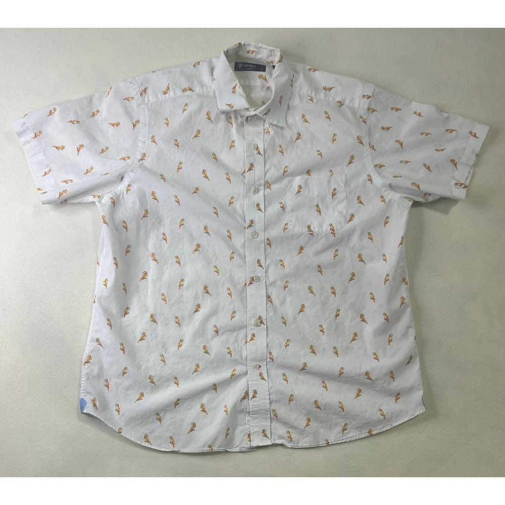 Cremieux Classics Mens Large White Parrot Print Short Sleeve Button Down Shirt